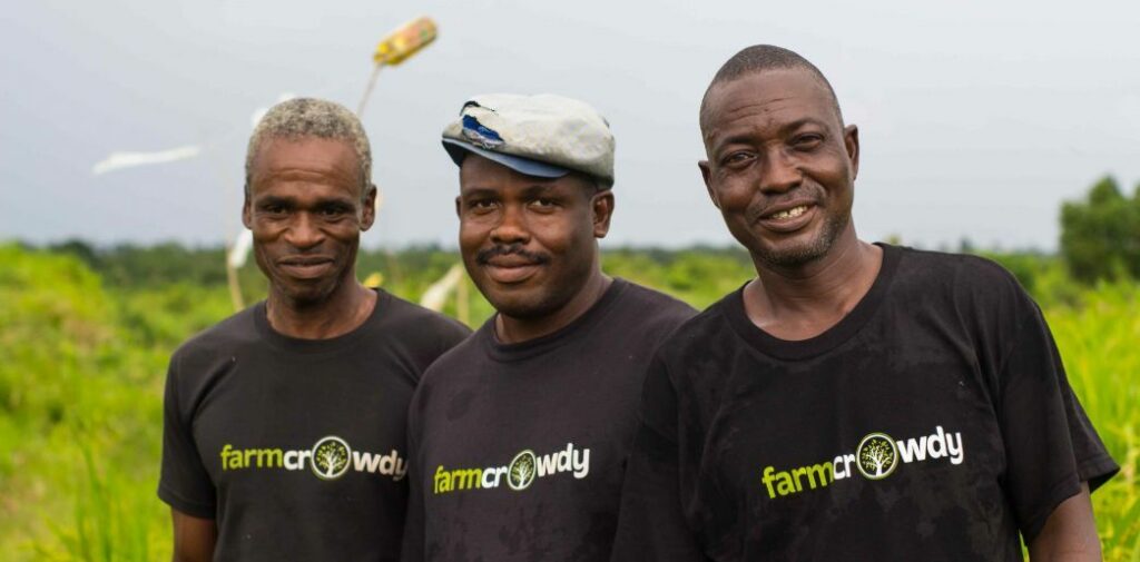 Trois personnes arborant les t-shirts de la PME Farmcrowdy dans un champ